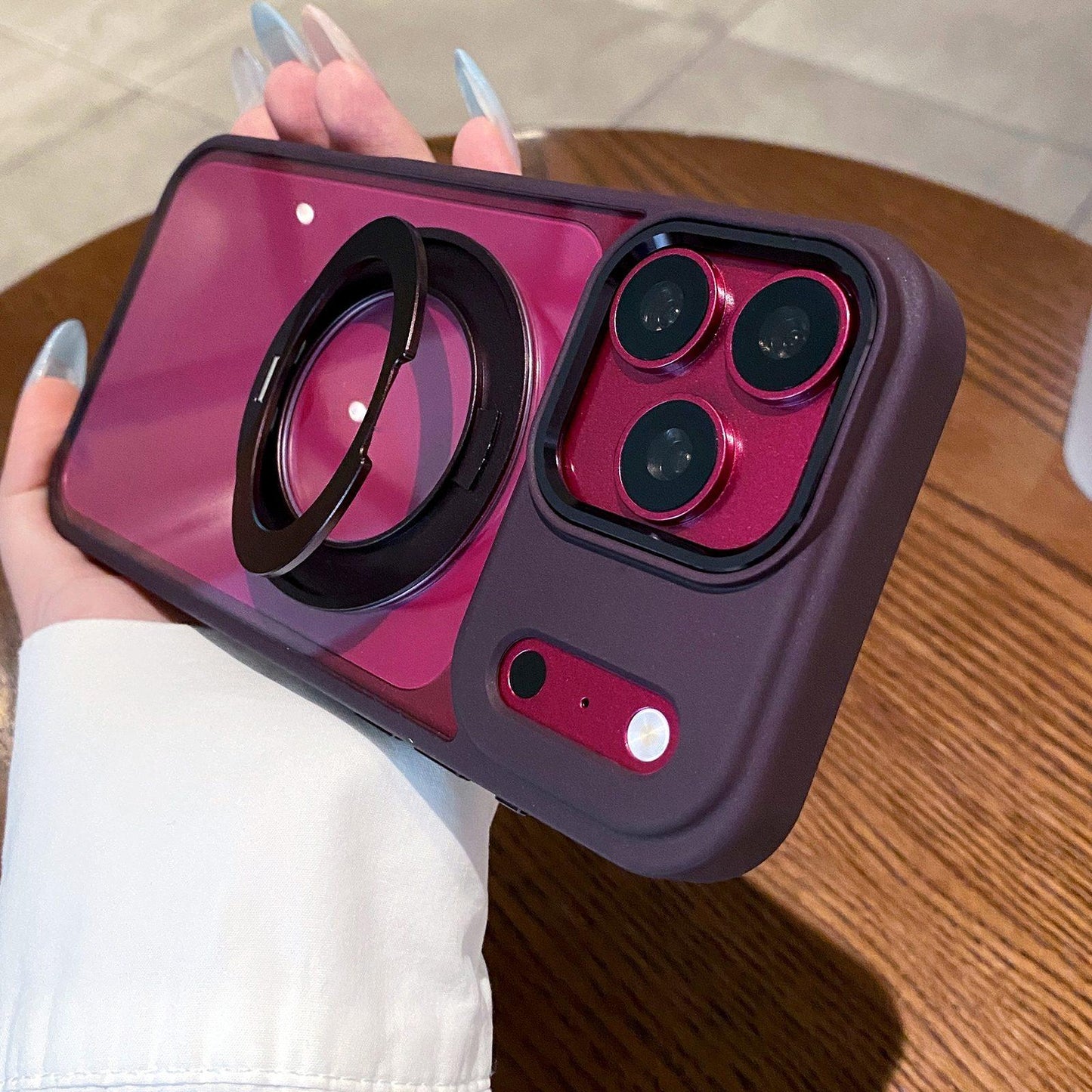 For iPhone 17 Pro Max Clear Back Design 360 Degree Rotating Magnetic Holder Phone Case(Purple)
