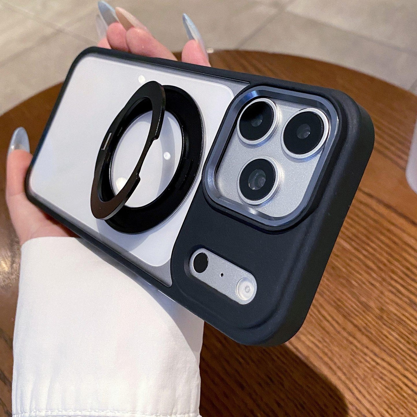 For iPhone 17 Pro Clear Back Design 360 Degree Rotating Magnetic Holder Phone Case(Black)