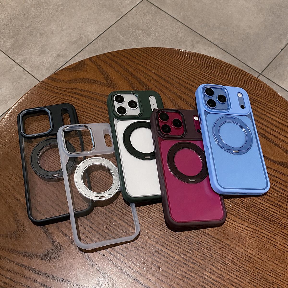 For iPhone 17 Pro Max Clear Back Design 360 Degree Rotating Magnetic Holder Phone Case(Purple)