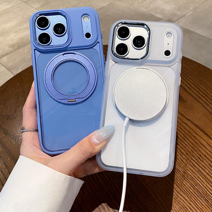 For iPhone 17 Pro Clear Back Design 360 Degree Rotating Magnetic Holder Phone Case(Blue)