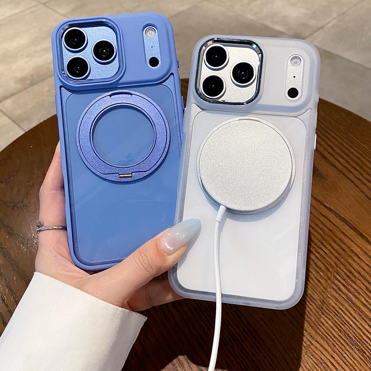 For iPhone 18 Pro Max Clear Back Design 360 Degree Rotating Magnetic Holder Phone Case(Purple)