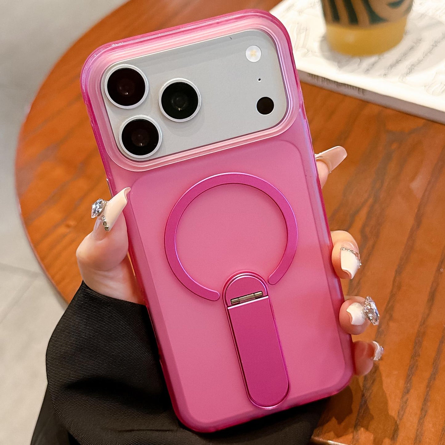 For iPhone 17 Pro Max Frosted TPU Magnetic Phone Case with Holder(Pink)