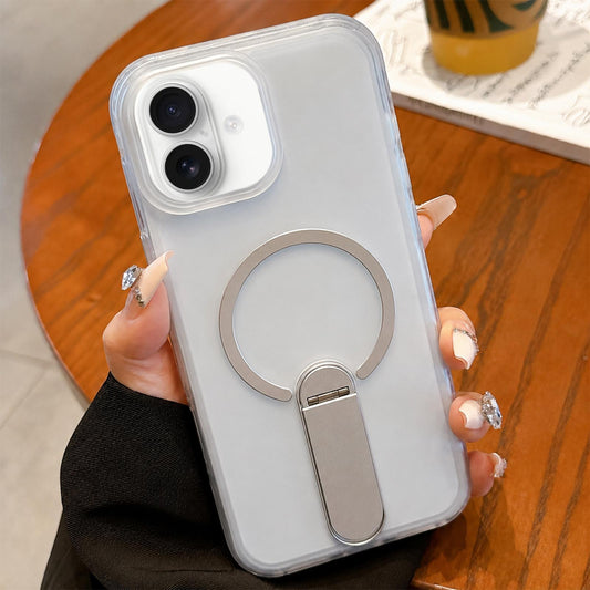 For iPhone 16 Frosted TPU Magnetic Phone Case with Holder(White)