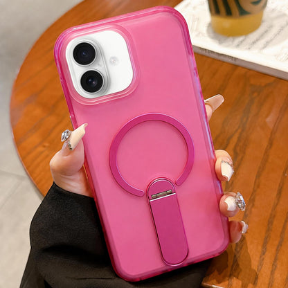 For iPhone 16 Frosted TPU Magnetic Phone Case with Holder(Pink)