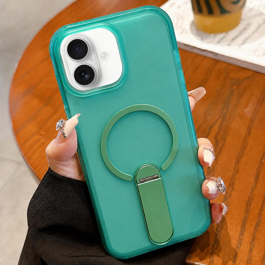 For iPhone 16 Frosted TPU Magnetic Phone Case with Holder(Green)