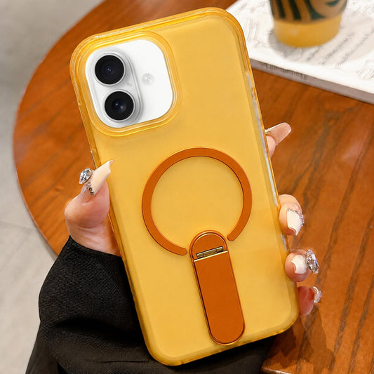For iPhone 16 Frosted TPU Magnetic Phone Case with Holder(Yellow)