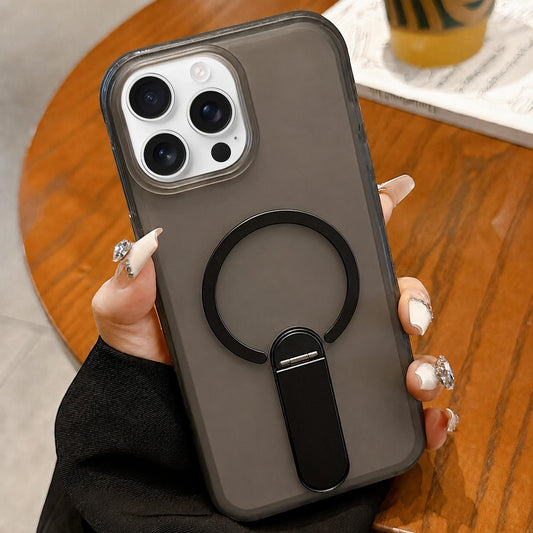 For iPhone 15 Pro Max Frosted TPU Magnetic Phone Case with Holder(Black)