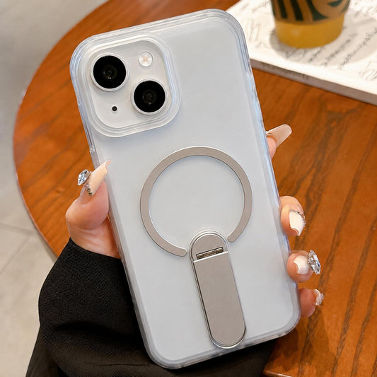For iPhone 15 Frosted TPU Magnetic Phone Case with Holder(White)