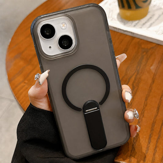 For iPhone 15 Frosted TPU Magnetic Phone Case with Holder(Black)