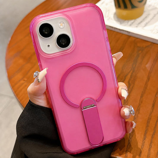 For iPhone 15 Frosted TPU Magnetic Phone Case with Holder(Pink)