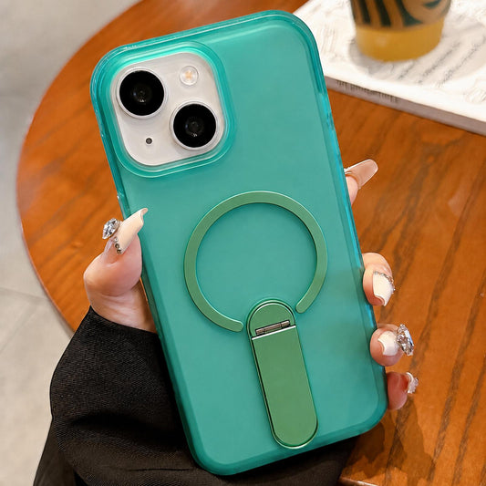 For iPhone 15 Frosted TPU Magnetic Phone Case with Holder(Green)