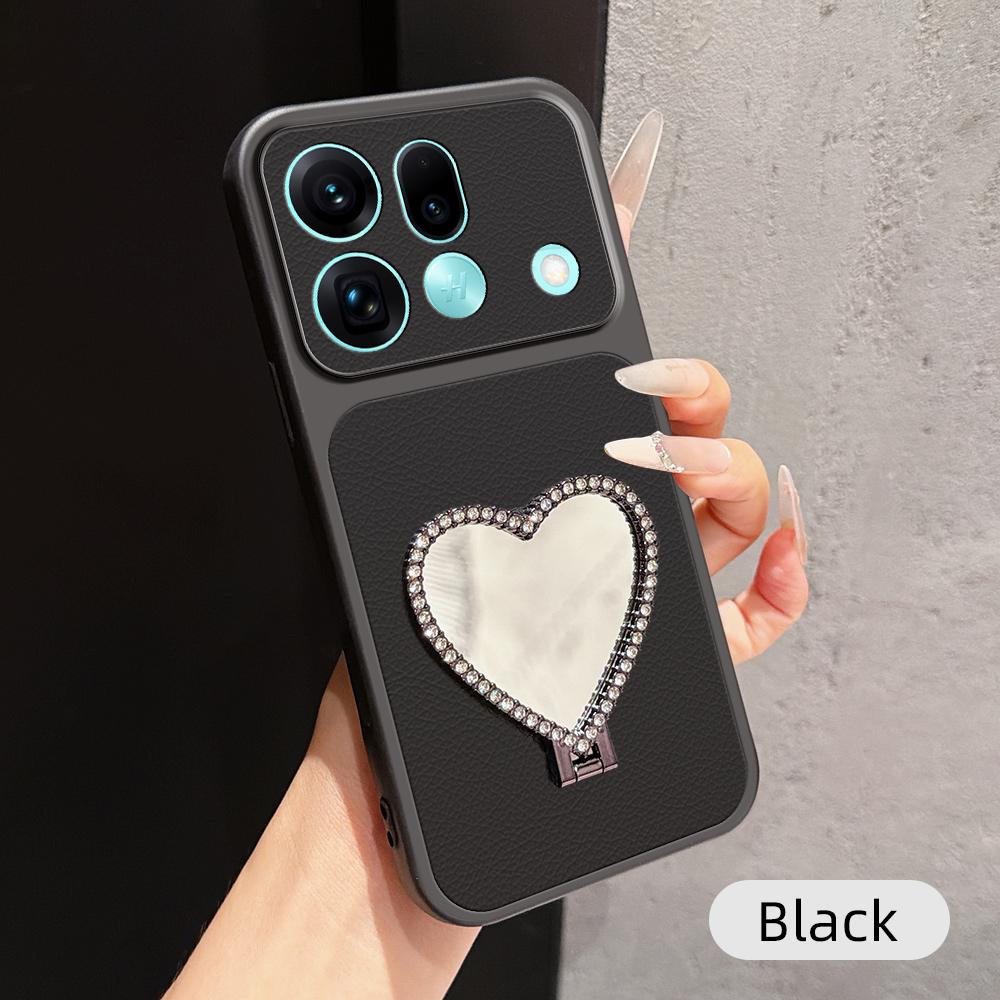 For OPPO Find X9s Pro 5G Lambskin Series Skin Feel Shockproof Phone Case with Heart Mirror Holder(Black)