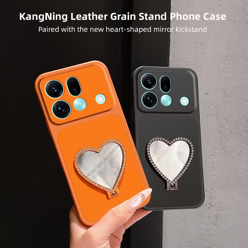 For OPPO Find X9s Pro 5G Lambskin Series Skin Feel Shockproof Phone Case with Heart Mirror Holder(Black)