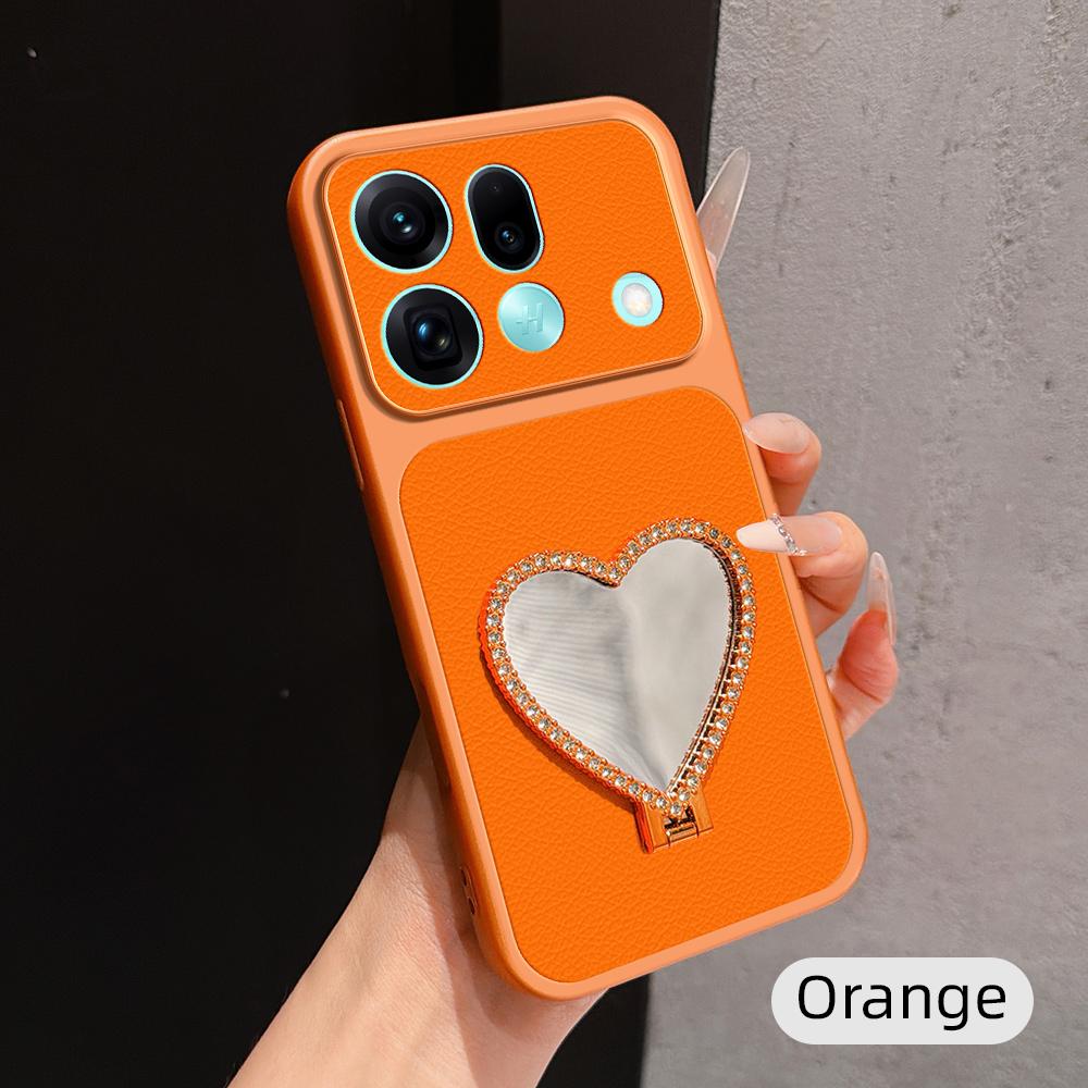 For OPPO Find X9s Pro 5G Lambskin Series Skin Feel Shockproof Phone Case with Heart Mirror Holder(Orange)