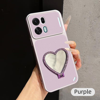 For OPPO K15 Pro 5G Lambskin Series Skin Feel Shockproof Phone Case with Heart Mirror Holder(Purple)
