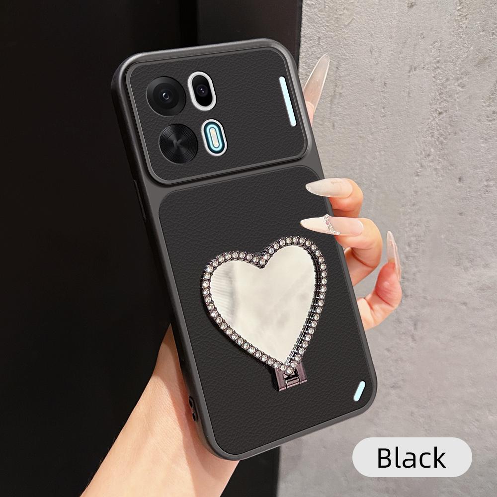 For OPPO K15 Pro 5G Lambskin Series Skin Feel Shockproof Phone Case with Heart Mirror Holder(Black)