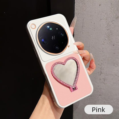 For OPPO Find X9 Ultra 5G Lambskin Series Skin Feel Shockproof Phone Case with Heart Mirror Holder(Pink)
