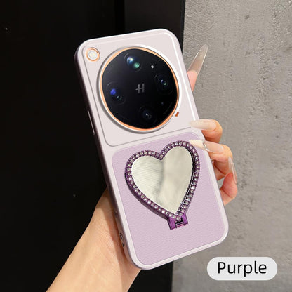 For OPPO Find X9 Ultra 5G Lambskin Series Skin Feel Shockproof Phone Case with Heart Mirror Holder(Purple)