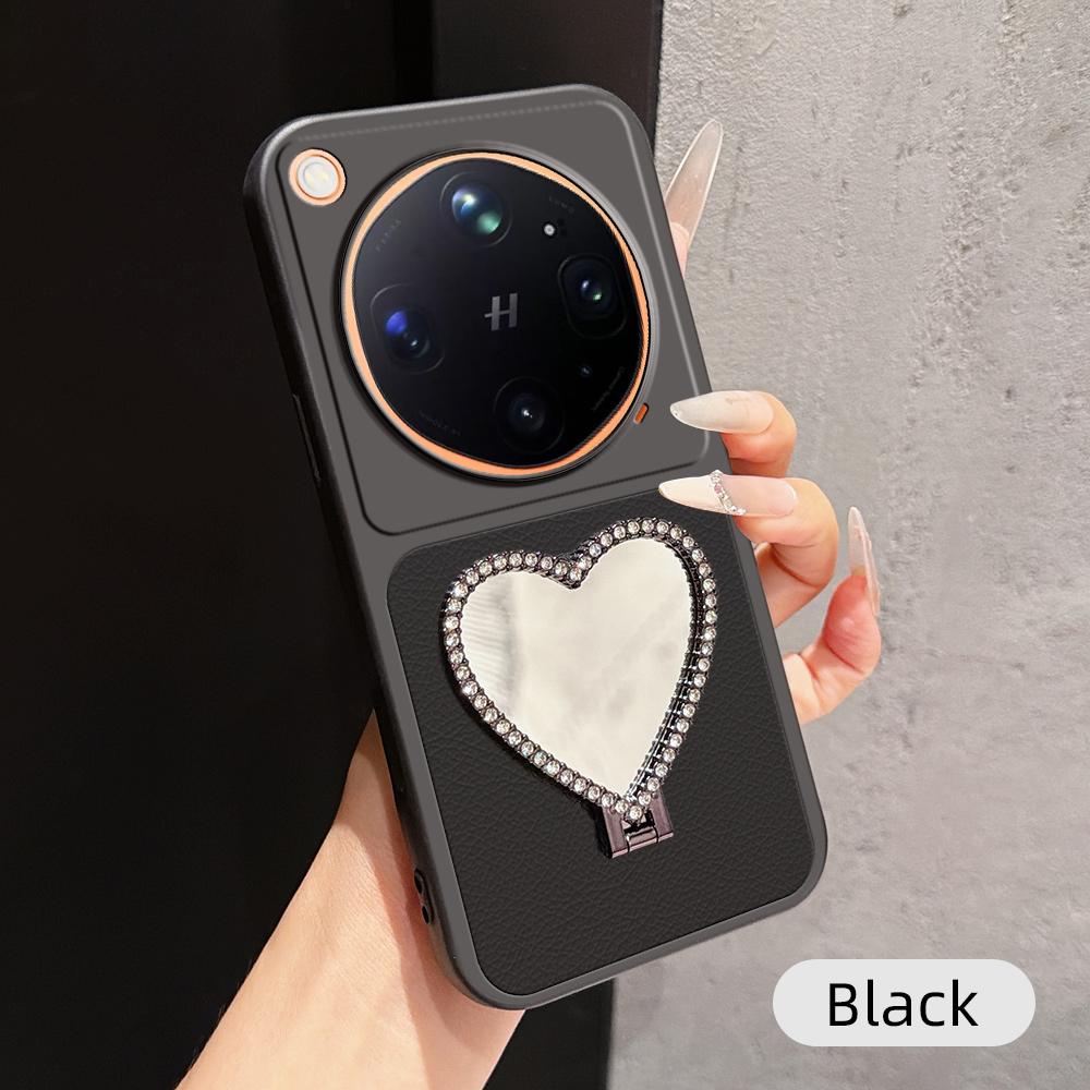 For OPPO Find X9 Ultra 5G Lambskin Series Skin Feel Shockproof Phone Case with Heart Mirror Holder(Black)