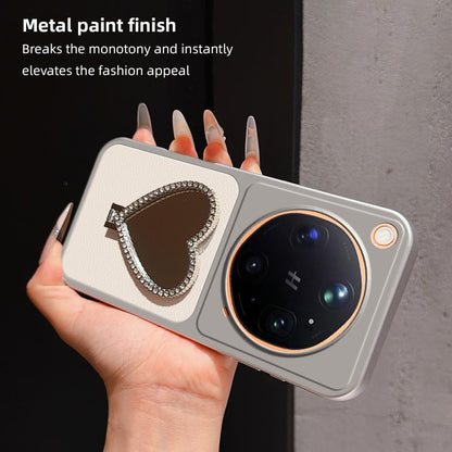 For OPPO Find X9 Ultra 5G Lambskin Series Skin Feel Shockproof Phone Case with Heart Mirror Holder(Silver)