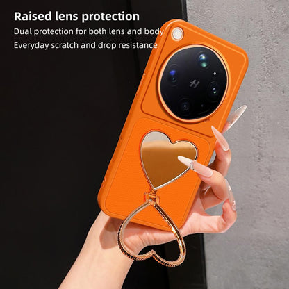 For OPPO Find X9 Ultra 5G Lambskin Series Skin Feel Shockproof Phone Case with Heart Mirror Holder(Silver)