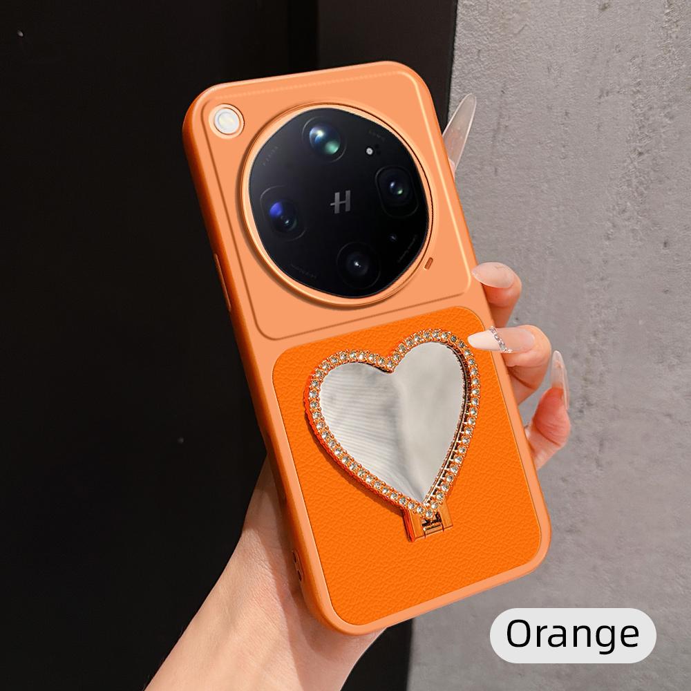 For OPPO Find X9 Ultra 5G Lambskin Series Skin Feel Shockproof Phone Case with Heart Mirror Holder(Orange)