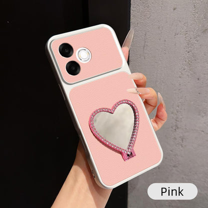 For OPPO A6s Pro 4G Lambskin Series Skin Feel Shockproof Phone Case with Heart Mirror Holder(Pink)