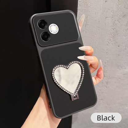 For OPPO A6s Pro 4G Lambskin Series Skin Feel Shockproof Phone Case with Heart Mirror Holder(Black)