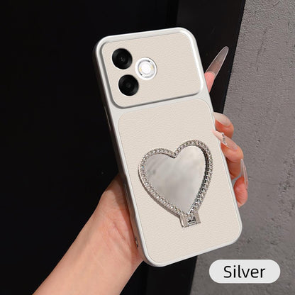 For OPPO A6s Pro 4G Lambskin Series Skin Feel Shockproof Phone Case with Heart Mirror Holder(Silver)
