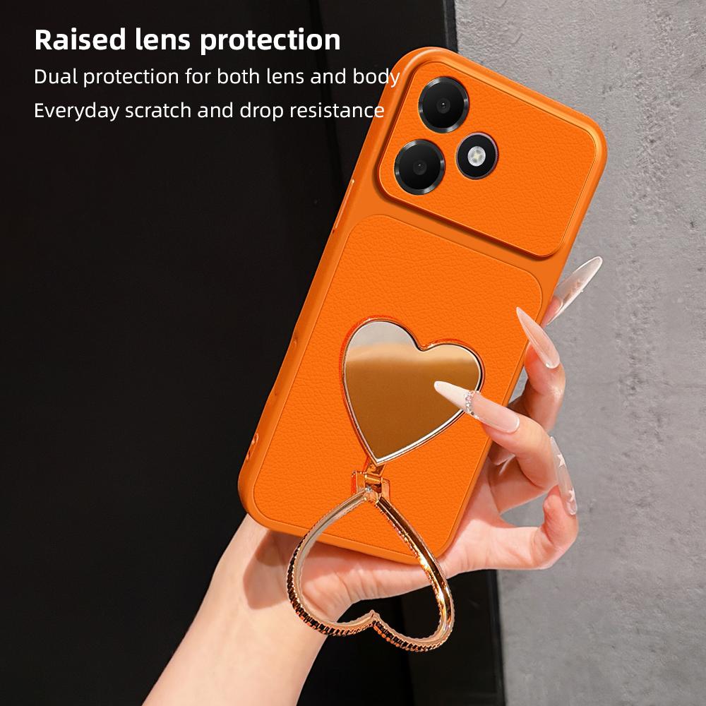 For OPPO A6c 4G Lambskin Series Skin Feel Shockproof Phone Case with Heart Mirror Holder(Orange)
