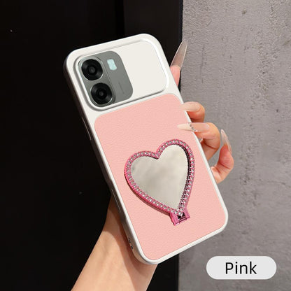 For OPPO A6x 5G Lambskin Series Skin Feel Shockproof Phone Case with Heart Mirror Holder(Pink)