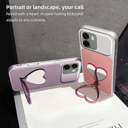 For OPPO A6x 5G Lambskin Series Skin Feel Shockproof Phone Case with Heart Mirror Holder(Pink)
