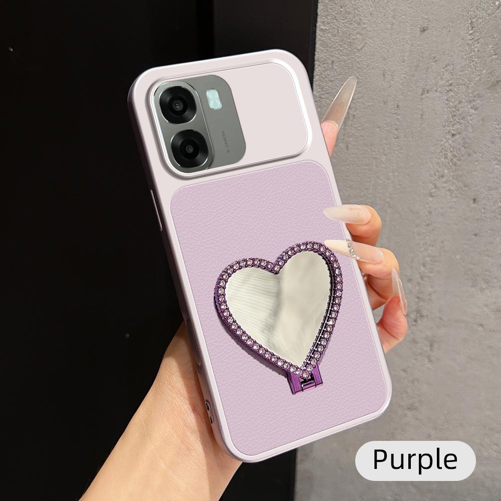 For OPPO A6x 5G Lambskin Series Skin Feel Shockproof Phone Case with Heart Mirror Holder(Purple)