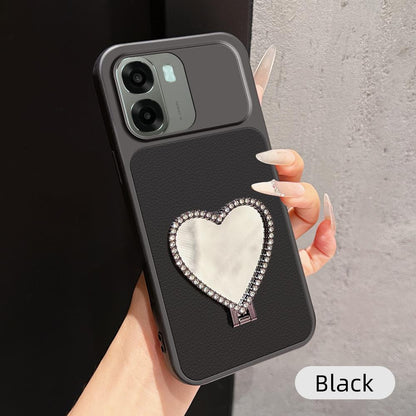For OPPO A6x 5G Lambskin Series Skin Feel Shockproof Phone Case with Heart Mirror Holder(Black)