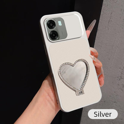 For OPPO A6x 5G Lambskin Series Skin Feel Shockproof Phone Case with Heart Mirror Holder(Silver)