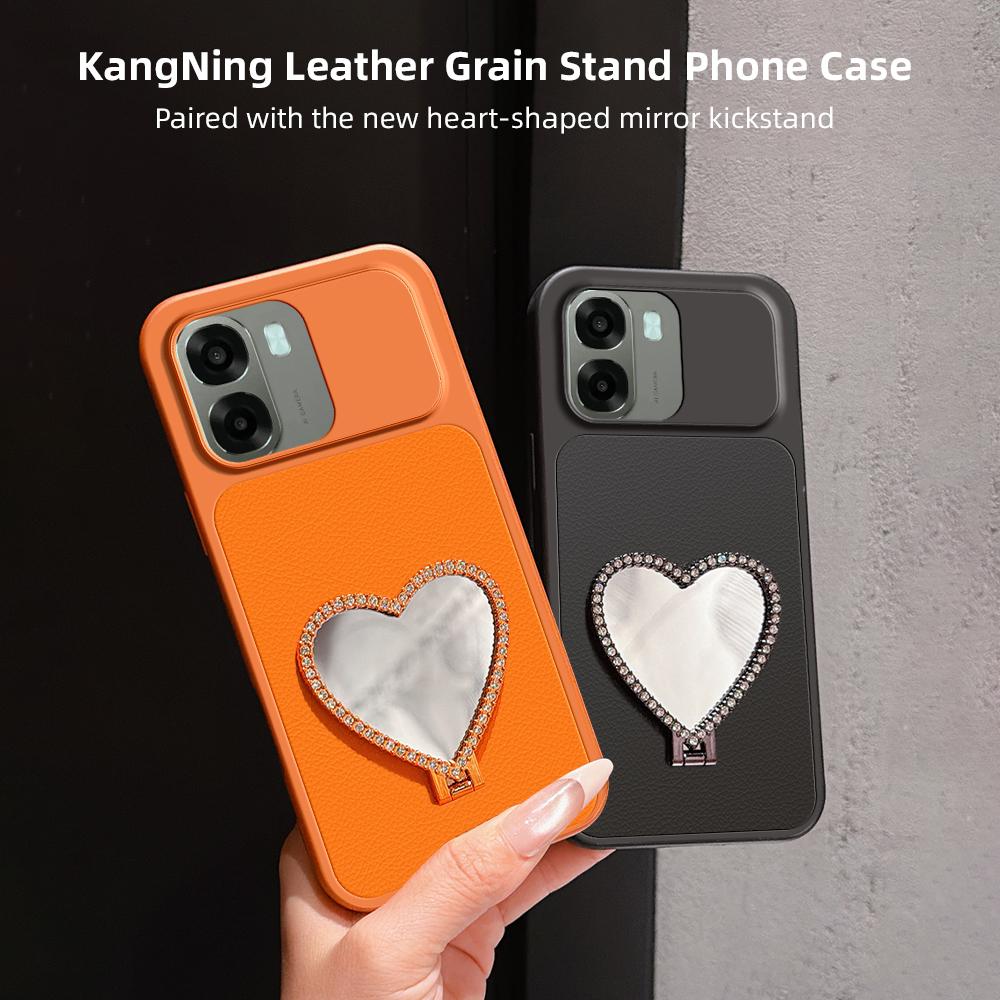 For OPPO A6x 5G Lambskin Series Skin Feel Shockproof Phone Case with Heart Mirror Holder(Silver)