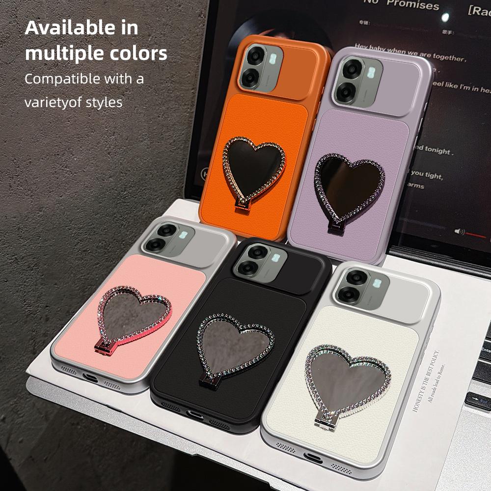 For OPPO A6x 5G Lambskin Series Skin Feel Shockproof Phone Case with Heart Mirror Holder(Silver)