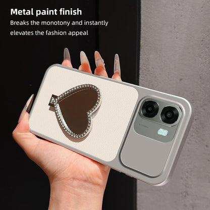 For OPPO A6x 5G Lambskin Series Skin Feel Shockproof Phone Case with Heart Mirror Holder(Silver)