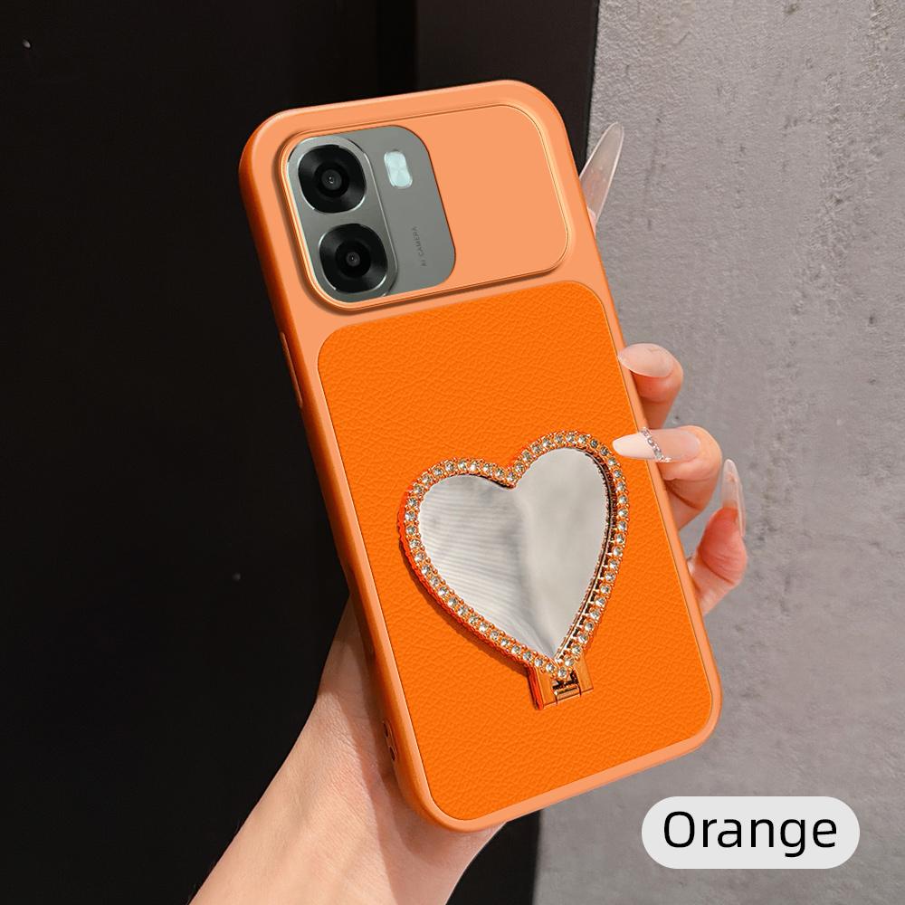 For OPPO A6x 5G Lambskin Series Skin Feel Shockproof Phone Case with Heart Mirror Holder(Orange)