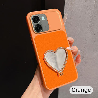 For OPPO A6x 5G Lambskin Series Skin Feel Shockproof Phone Case with Heart Mirror Holder(Orange)