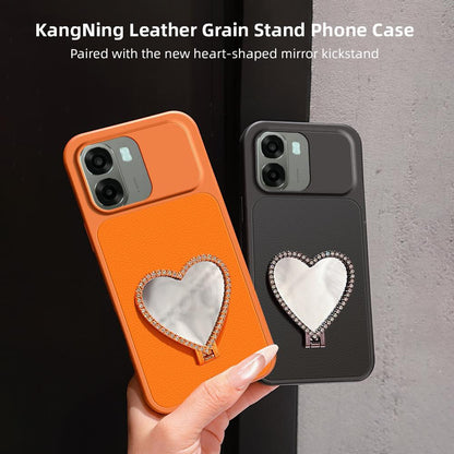 For OPPO A6x 5G Lambskin Series Skin Feel Shockproof Phone Case with Heart Mirror Holder(Orange)