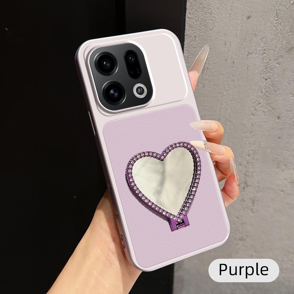 For OPPO Find X9 Lambskin Series Skin Feel Shockproof Phone Case with Heart Mirror Holder(Purple)