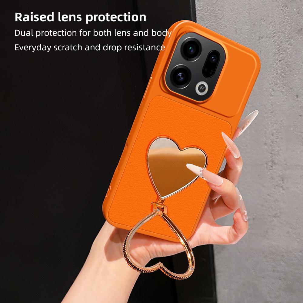 For OPPO Find X9 Lambskin Series Skin Feel Shockproof Phone Case with Heart Mirror Holder(Purple)