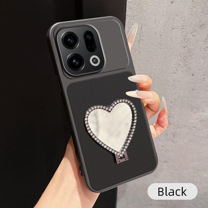 For OPPO Find X9 Lambskin Series Skin Feel Shockproof Phone Case with Heart Mirror Holder(Black)
