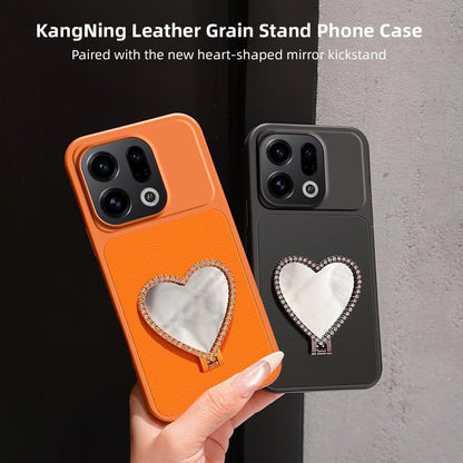 For OPPO Find X9 Lambskin Series Skin Feel Shockproof Phone Case with Heart Mirror Holder(Black)