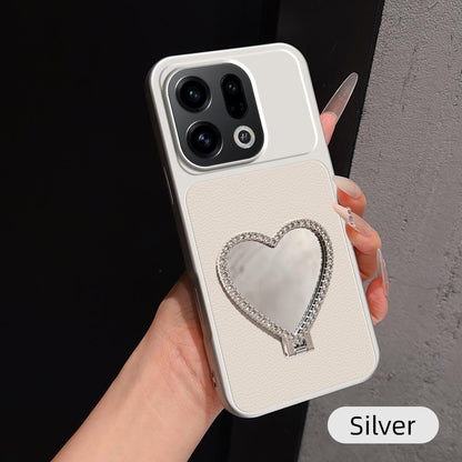 For OPPO Find X9 Lambskin Series Skin Feel Shockproof Phone Case with Heart Mirror Holder(Silver)