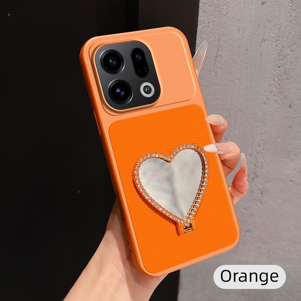 For OPPO Find X9 Lambskin Series Skin Feel Shockproof Phone Case with Heart Mirror Holder(Orange)
