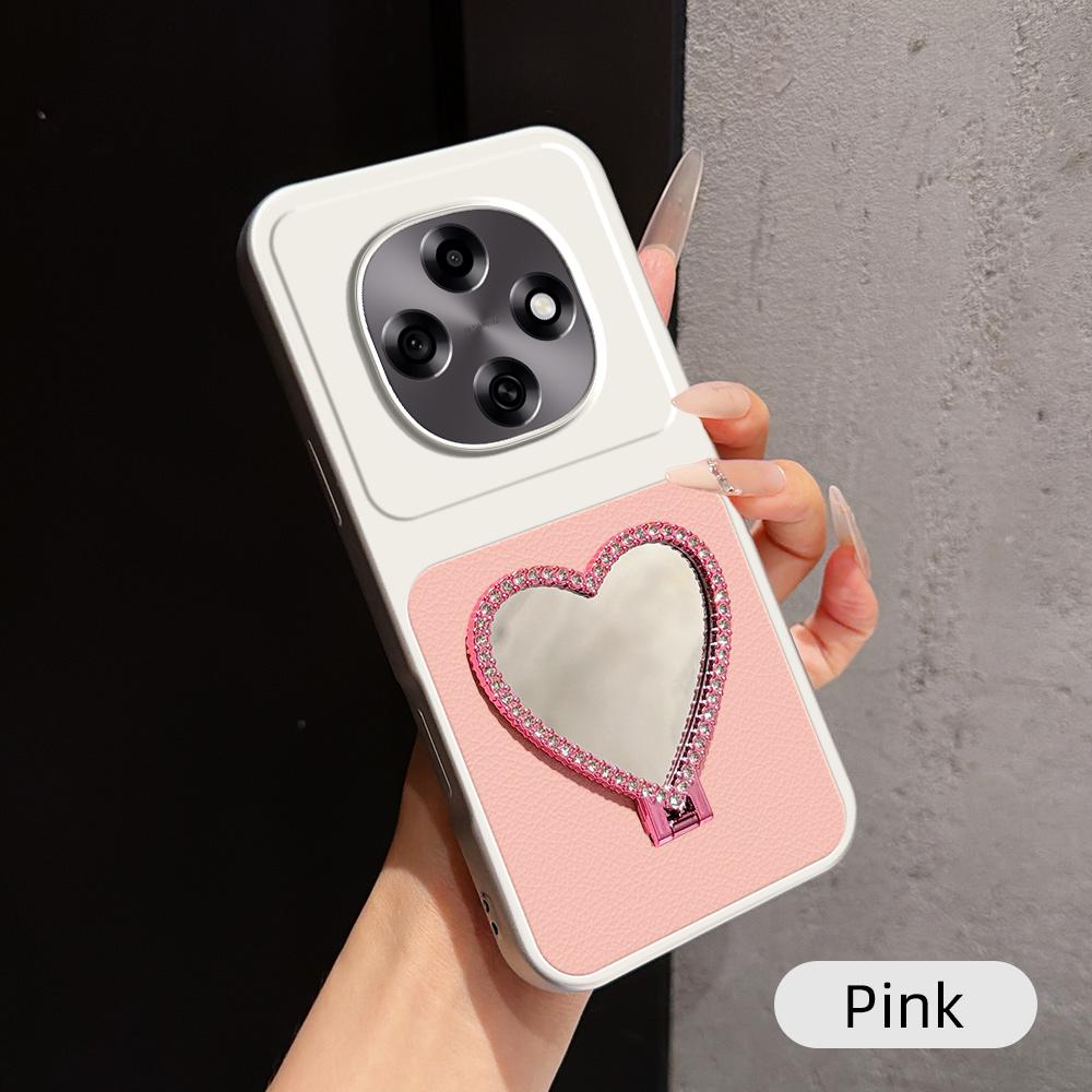 For OPPO A6 Pro 5G Global CPH2781 Lambskin Series Skin Feel Shockproof Phone Case with Heart Mirror Holder(Pink)