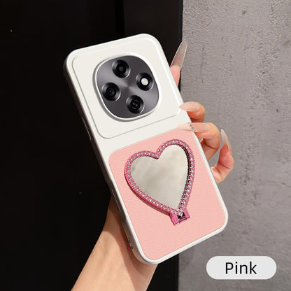 For OPPO A6 Pro 5G Global CPH2781 Lambskin Series Skin Feel Shockproof Phone Case with Heart Mirror Holder(Pink)
