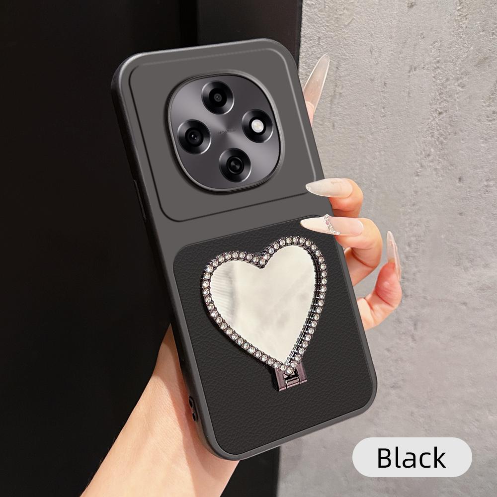 For OPPO A6 Pro 5G Global CPH2781 Lambskin Series Skin Feel Shockproof Phone Case with Heart Mirror Holder(Black)